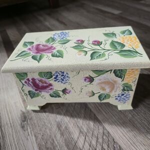 Vintage Handpainted Floral Wooden Trinket Box Crackle Finish